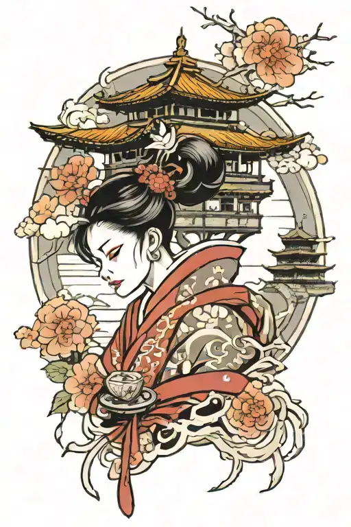 japenese tower woman tattoo design idea