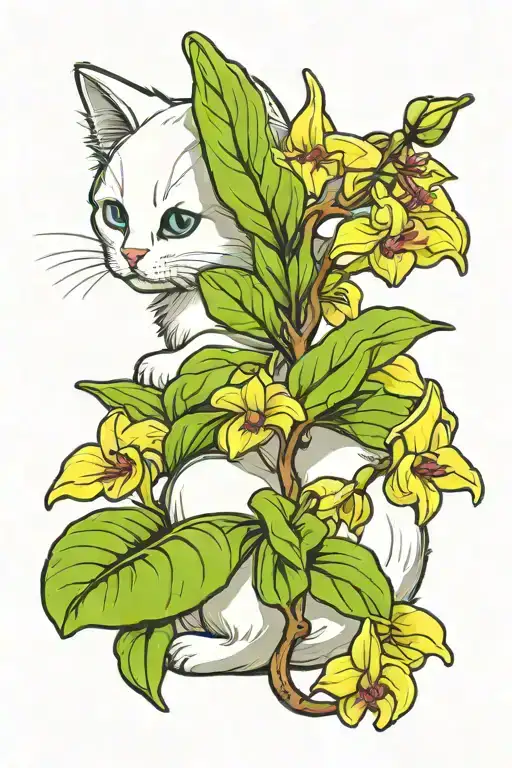 white kitten sits with its back down and sniffs an orchid branch, there are two black spots on its back near its tail tattoo design idea