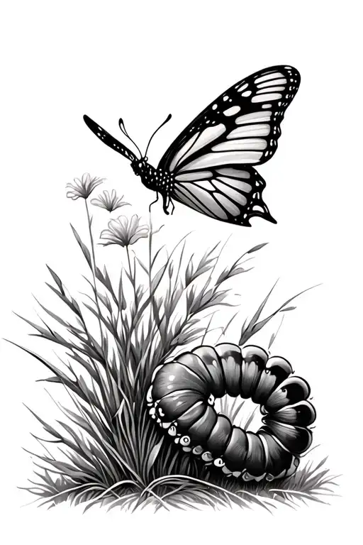 caterpillar on tall blade of grass looking up at a flying butterfly  tattoo design idea