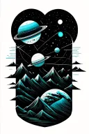 planets in geo symteric shapes surrounding mountains with hint of cyan color tattoo design idea