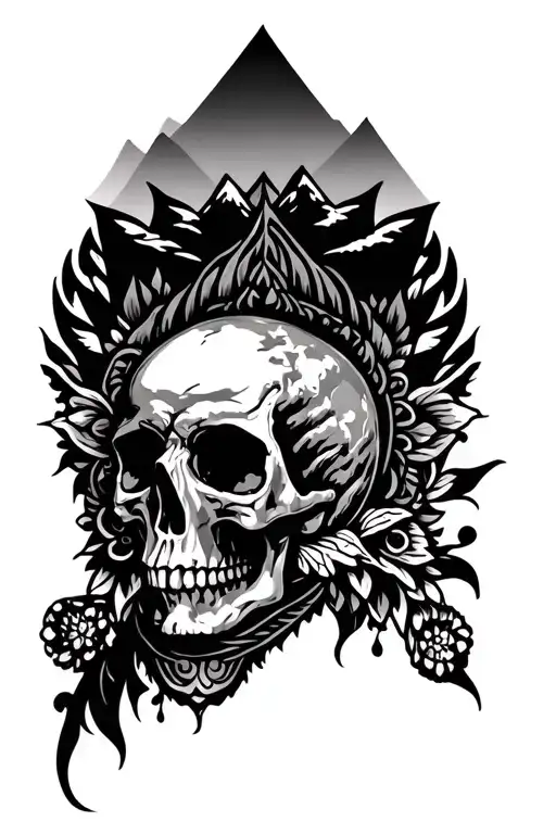 mandala design incorporating elements with skull and mountain ranges  tattoo design idea