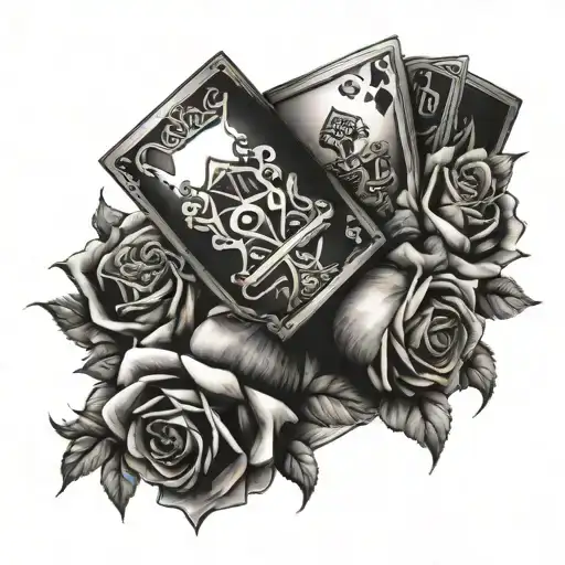 king and queen crowns, roses, cards, dice rolling tattoo design idea