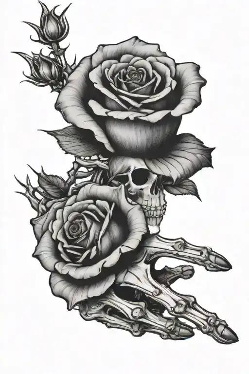 Rose flower on hand with 2 skeleton fingers coming out on the right side tattoo design idea