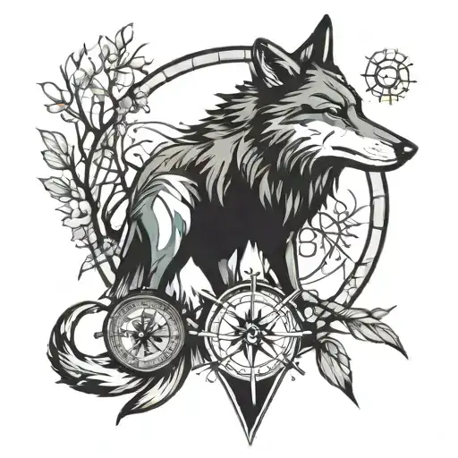 wolf alone compass tattoo design idea
