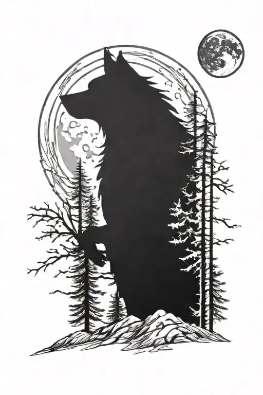 forest and werewolf howls at the moon on the mountain all hand tattoo design idea
