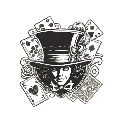 mad hatter silhouette with playing cards surrounded tattoo design idea