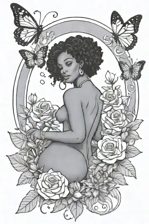 strength tarot card with black woman with flowers and butterflies surrounding it tattoo design idea