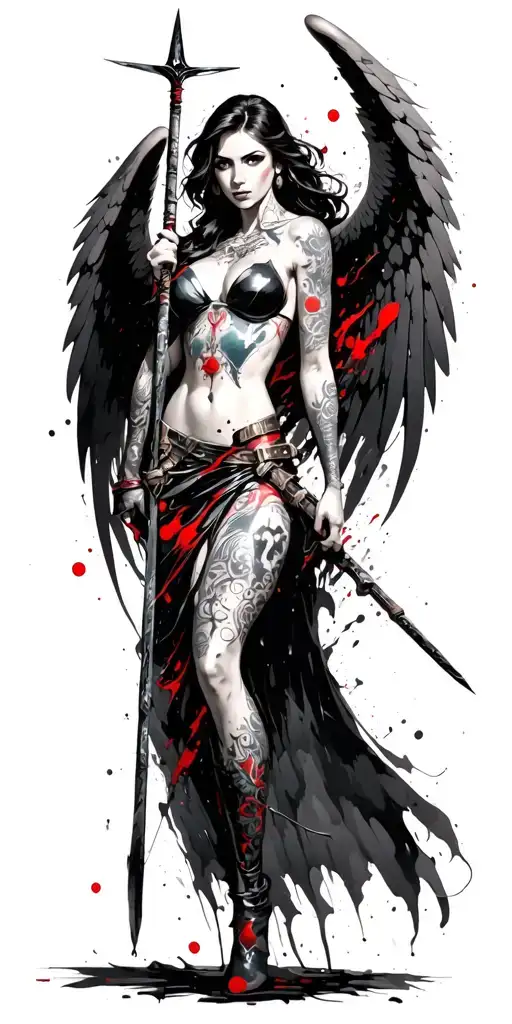 fantasy style, tattooed, female battle angel using a spear tattoo design idea