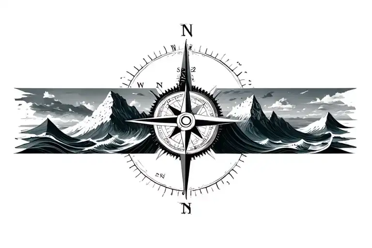 large compass with long north point surrounded by intricate geometric moutains and waves. grayscale.  tattoo design idea