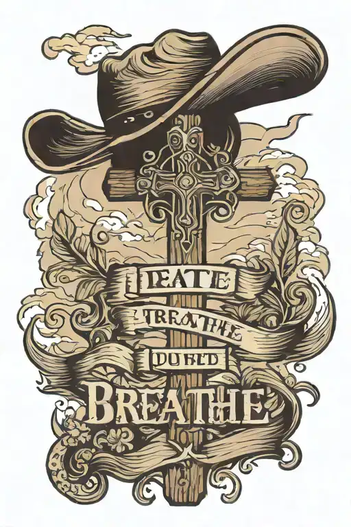 Wooden cross on a hill with a cowboy hat hanging from it. with the words below saying Just breathe tattoo design idea