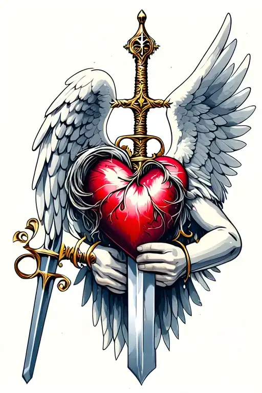 "Angeles " heart and angel holding a sword tattoo design idea