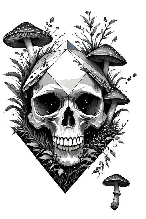 nature and mushrooms and skull in geometric shape in space tattoo design idea