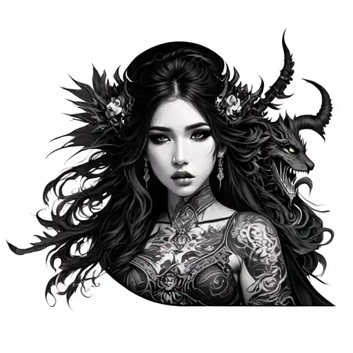 realism, Japanese leg sleeve with beautiful women, demons, and warriors  tattoo design idea