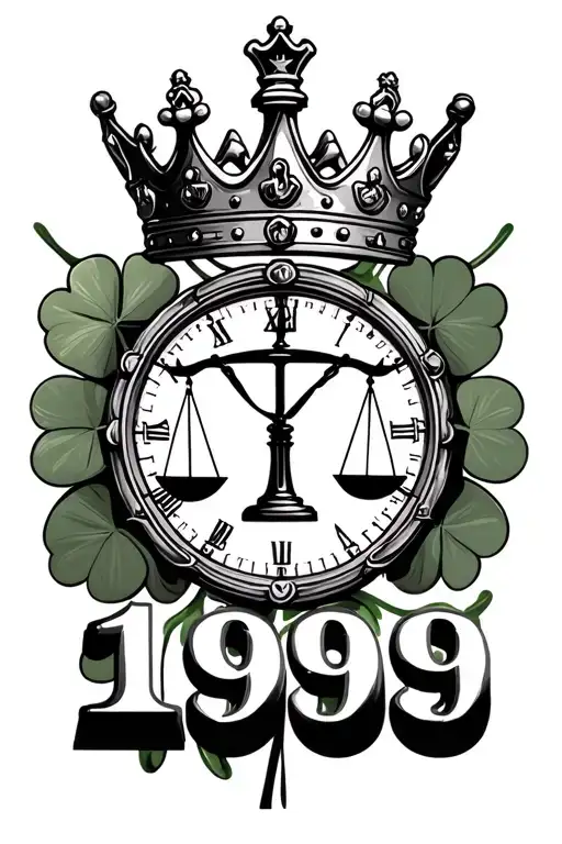 time chess king crown and 4 leaf clover surrounding 1999 on the bottom and a balance  scale  tattoo design idea