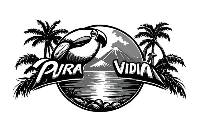 costa landscape, palm beach, volcano, pura vida logo, toucan and sloth tattoo design idea