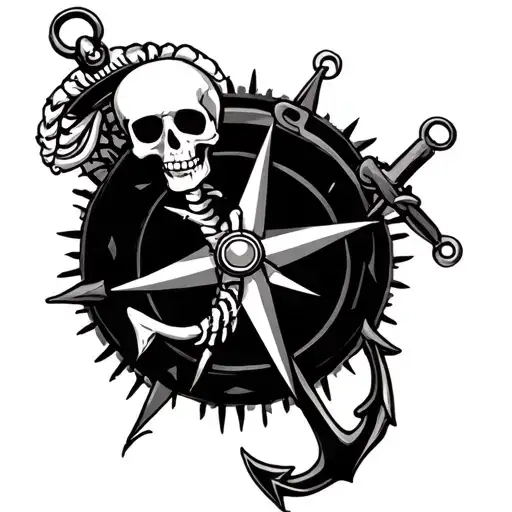 skeleton, compass, and anchor intertwined tattoo design idea