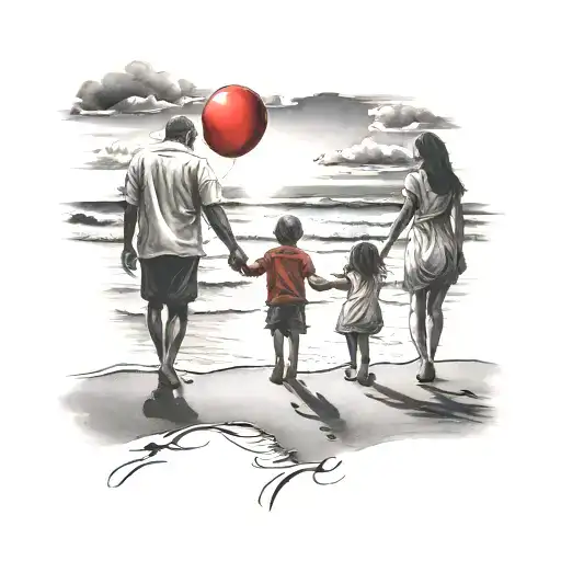 Father, mother, son and daughter walking on the beach, hand in hand, sunset, footprints in the sand, red balloon tattoo design idea