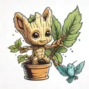 standing baby groot reaching for a hovering hummingbird tattoo design idea
