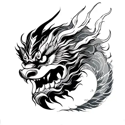 kaal bhairav face with backside japanese dragon and ornamental blackwork japanese wave tattoo design idea