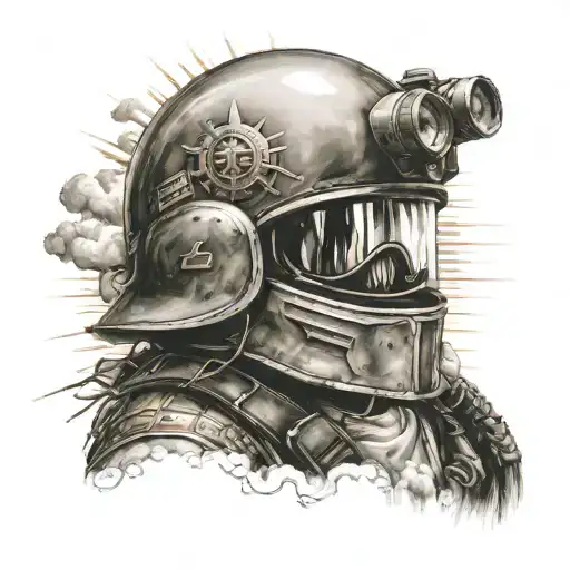 sun shining through clouds into soldie wearing helmet tattoo design idea