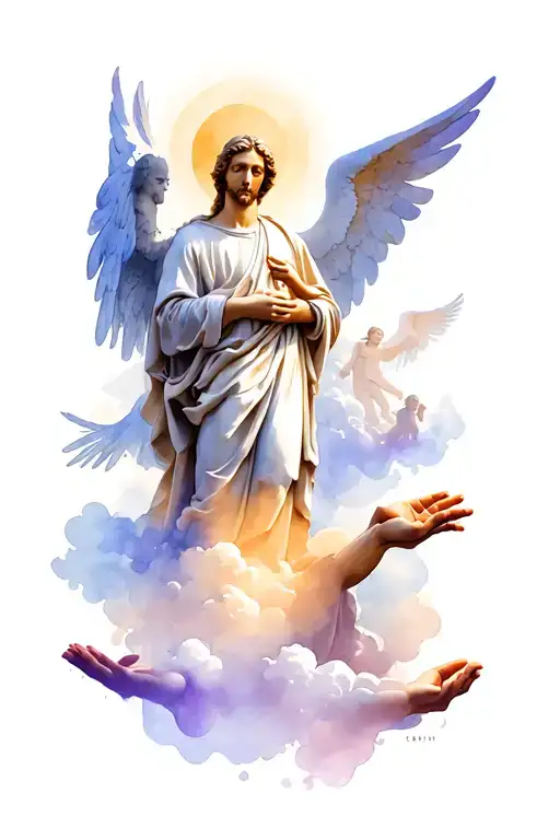 Icarus stands talland many angel statues with clouds everywhere and the hands of the creation of adam in the background  tattoo design idea