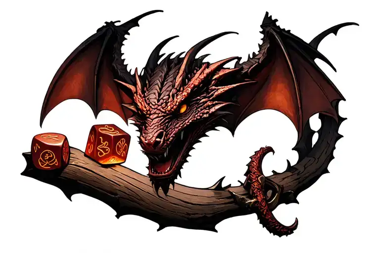 SMAUG GAURGING HORDE CONTAING A 20 SIDED DICE, DEATHLY HALLOW, CHEAR BOW AND SYMBOL OF A TEACHER tattoo design idea