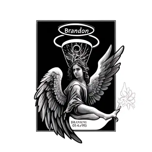 a halo that says Brandon in it and inside the angel wings it had the date 05/24/1993 tattoo design idea