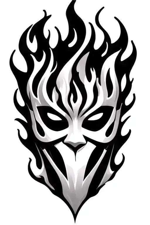 Mask they are on fire with a transition to the shoulder with the mask of Hanya tattoo design idea