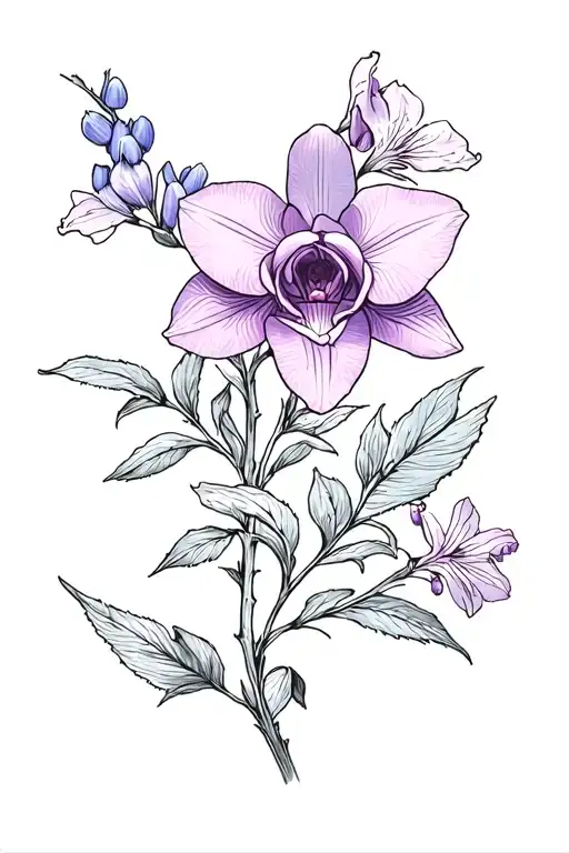 cattleya orchid and rose and hawthorn blossom and plum blossom and iris and dogwood flower and blue bonnet and violet tattoo design idea