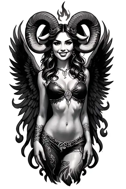 aries zodiac sign sexy smiling female wings fire surrounded tattoo design idea