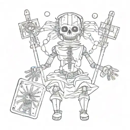 scary male voodoo doll with pins holding tarot cards tattoo design idea