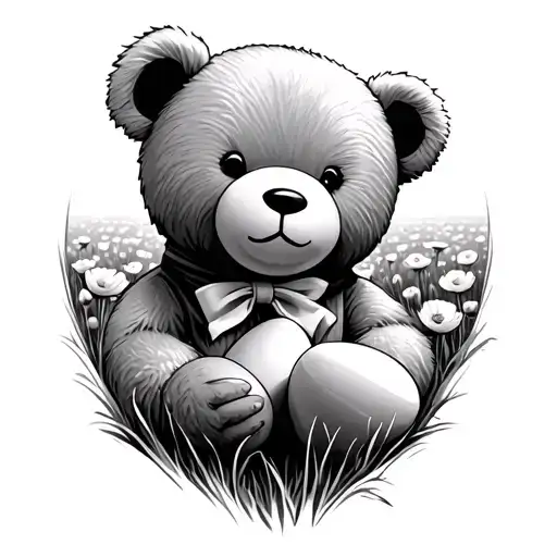 teddy bear wearing a ribbon on the neck holding hardboiled eggs in poppy field tattoo design idea