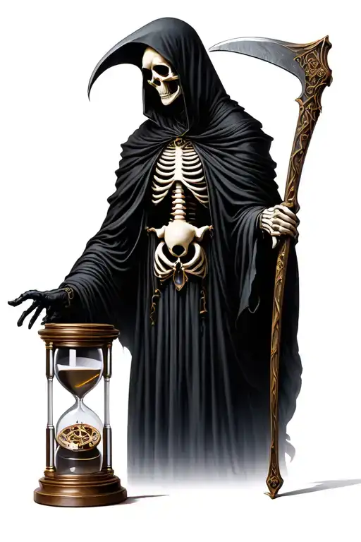ultra realistic. skeletal grim reaper holding a scythe with a clockwork theme. hourglass in other hand outstretched. tattoo design idea