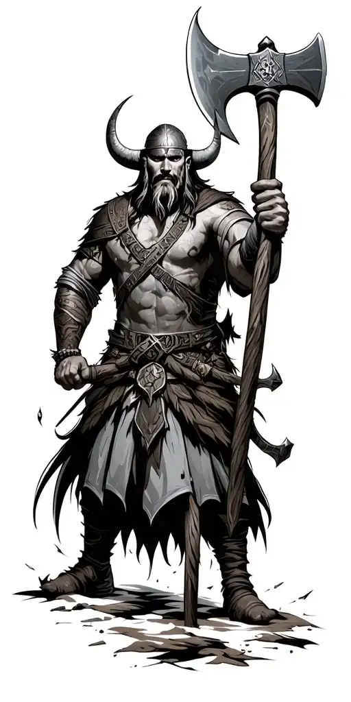 viking warrior wielding axe surrounded tattoo design idea