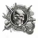 give me the tattoo design for my chest tattoo,the tattoo design is background binary and hacker musk and glock shot gum tattoo design idea