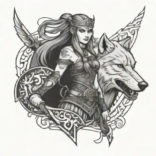viking girl warrior wolf tattoo design idea