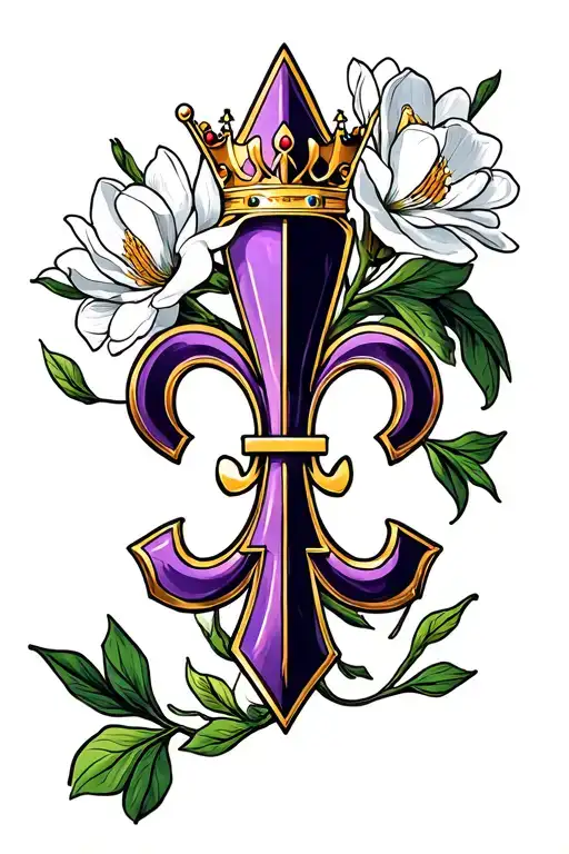 purple, gold and green fluer de lis symbol incorporated w white magnolia w gold crown w Pisces symbol  tattoo design idea