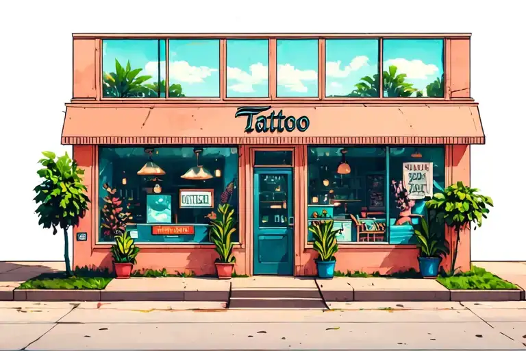 outside of 2 story tattoo shop with big windows and plants inside them tattoo design idea