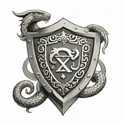 medieval shield with protection symbol in the centre and a king brown snake coiled around the shield tattoo design idea