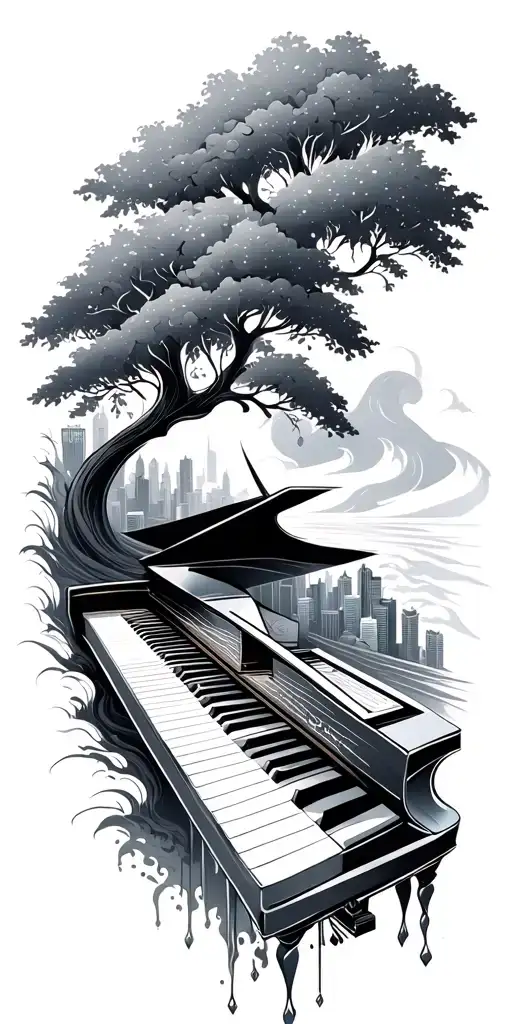 waves, piano, philosophy, tribal, cool shapes, trees, city. tattoo design idea