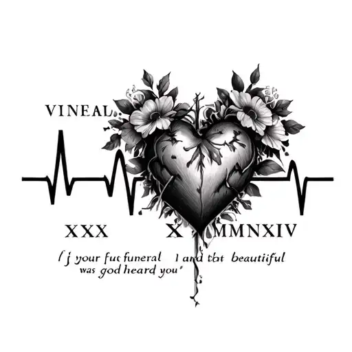 create a heart beat line tattoo with the roman numerals VI XX MMXXIV and your funeral was beautiful i bet god heard you  tattoo design idea
