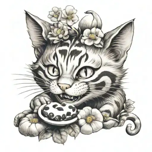 cheshire cat with mushrooms, Eat me, flower, rabbit tattoo design idea