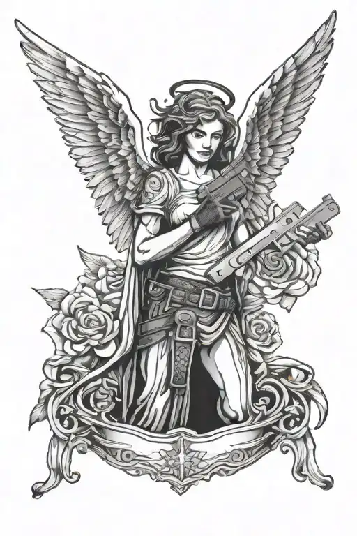 Angel holding a gun belt and holsters tattoo design idea