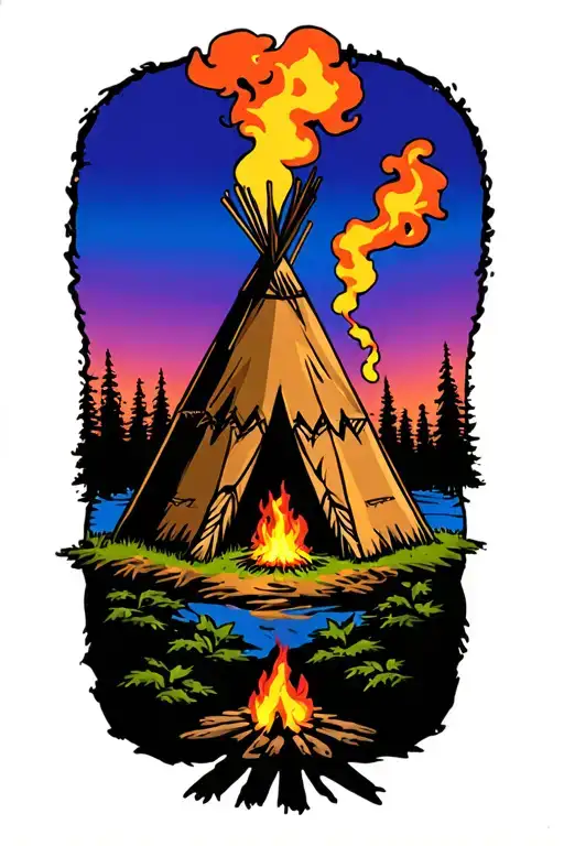 indian teepee, fire place inside, smoke coming from the top of the teepee, surrounded by wilderness tattoo design idea