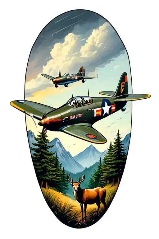 Douglas Fir Trees, P-51 mustang flying with a deer standing below. mountains in the background and a stormy sky tattoo design idea