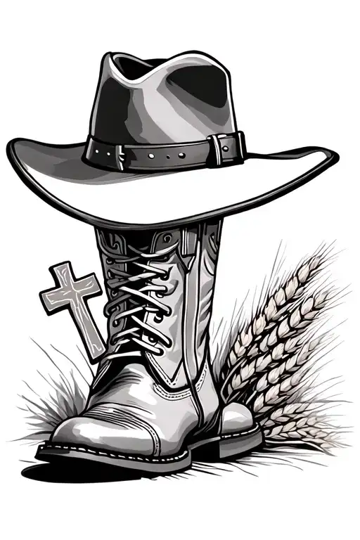 cowboy boots, hat, cross and wheat tattoo design idea