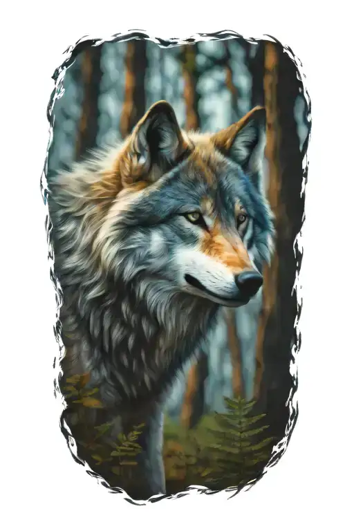 wolf blue eyes forest landscape tattoo design idea