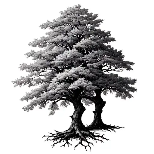 two alder trees- one pale, one dark - entwined at their branches and roots tattoo design idea
