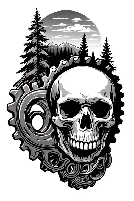 Washington scenery with skulls and sparkplugs chain sprockets tattoo design idea