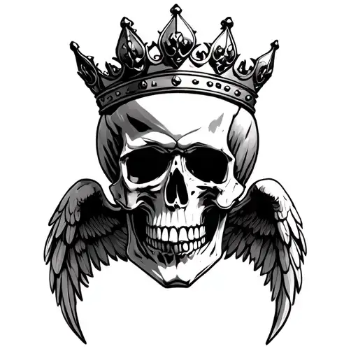 skull with kings crown and wings tattoo design idea